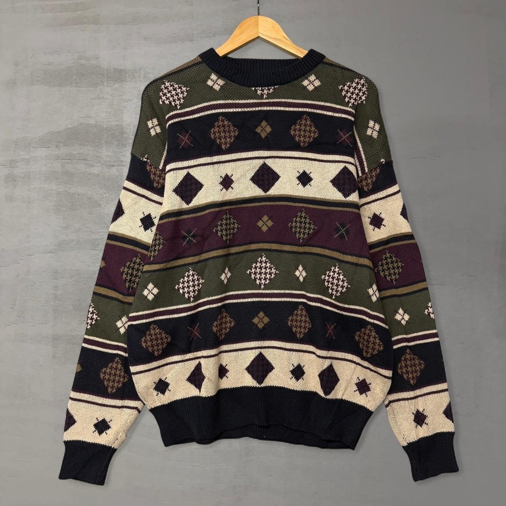 Woods & Gray Sweater Multi-Color Geometric Argyle‎ Knit Retro Cotton Mens Large